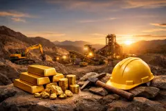 Gold bars, coins, and nuggets on rocky ground beside a hard hat and pickaxe, with an active mining site and excavator in the background during a warm sunset